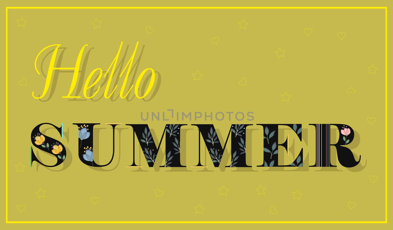 Elegance Inscription Hello Summer. Black Floral Letters.  Illustration