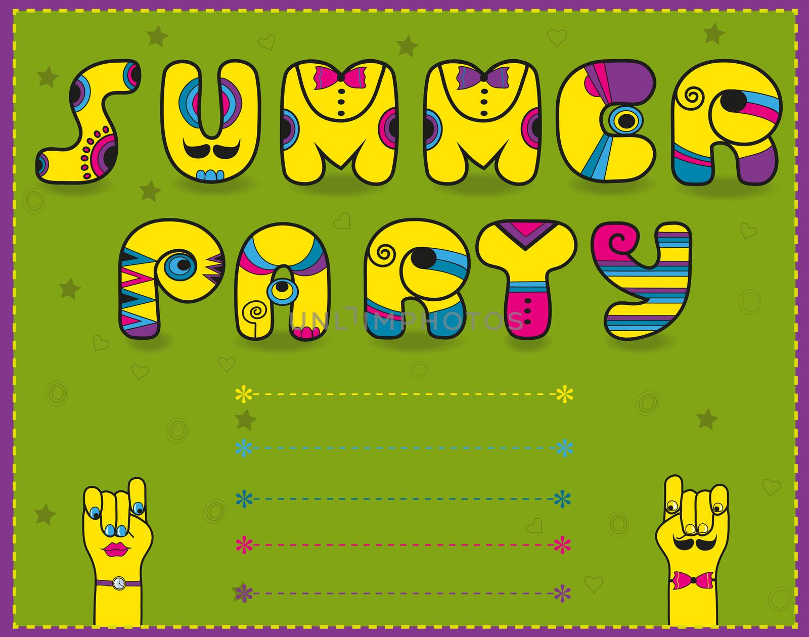 Inscription Summer Party. Funny yellow Letters with bright parts