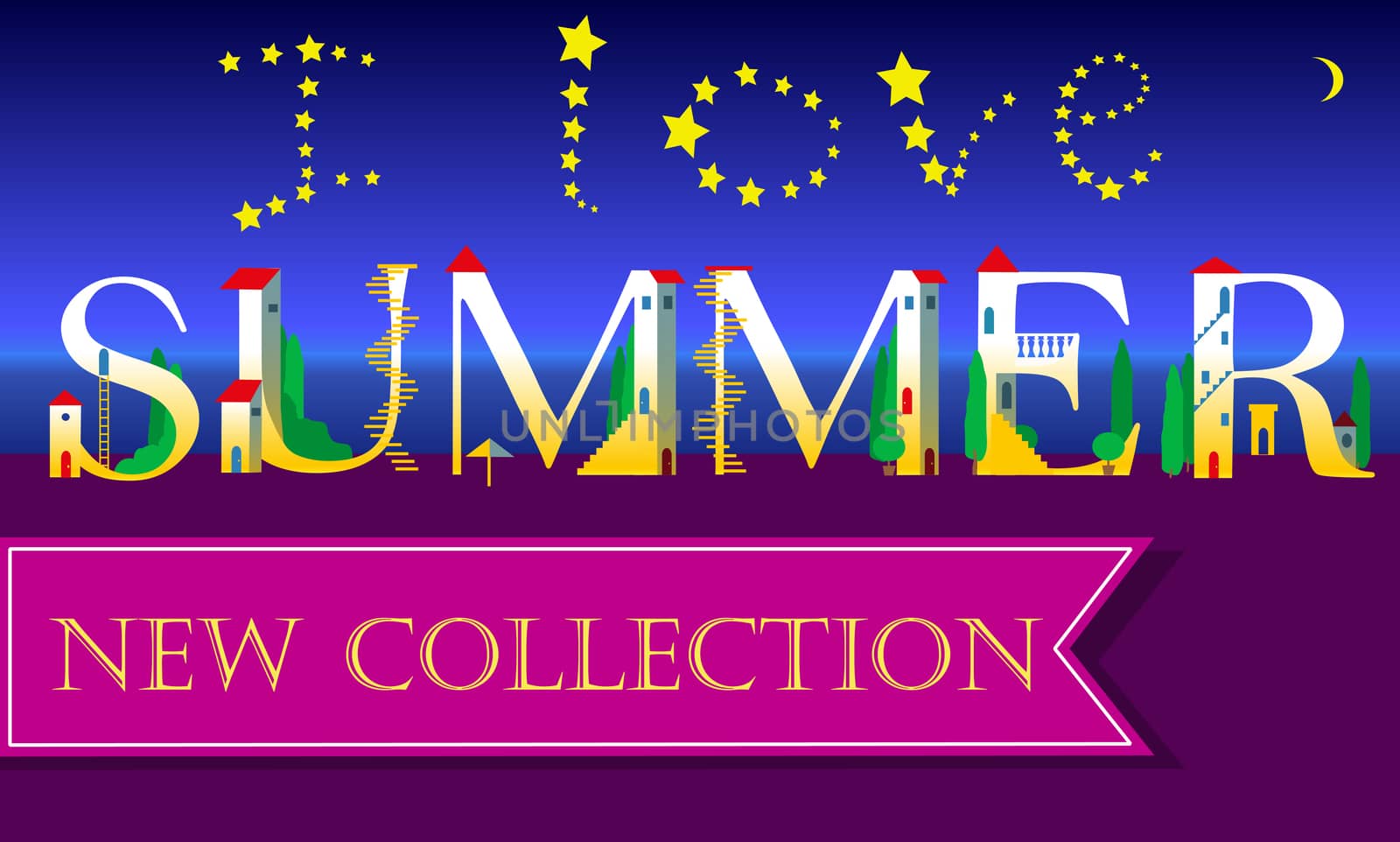 I love Summer. New Collection. Inscription. Holiday houses Font.  Illustration