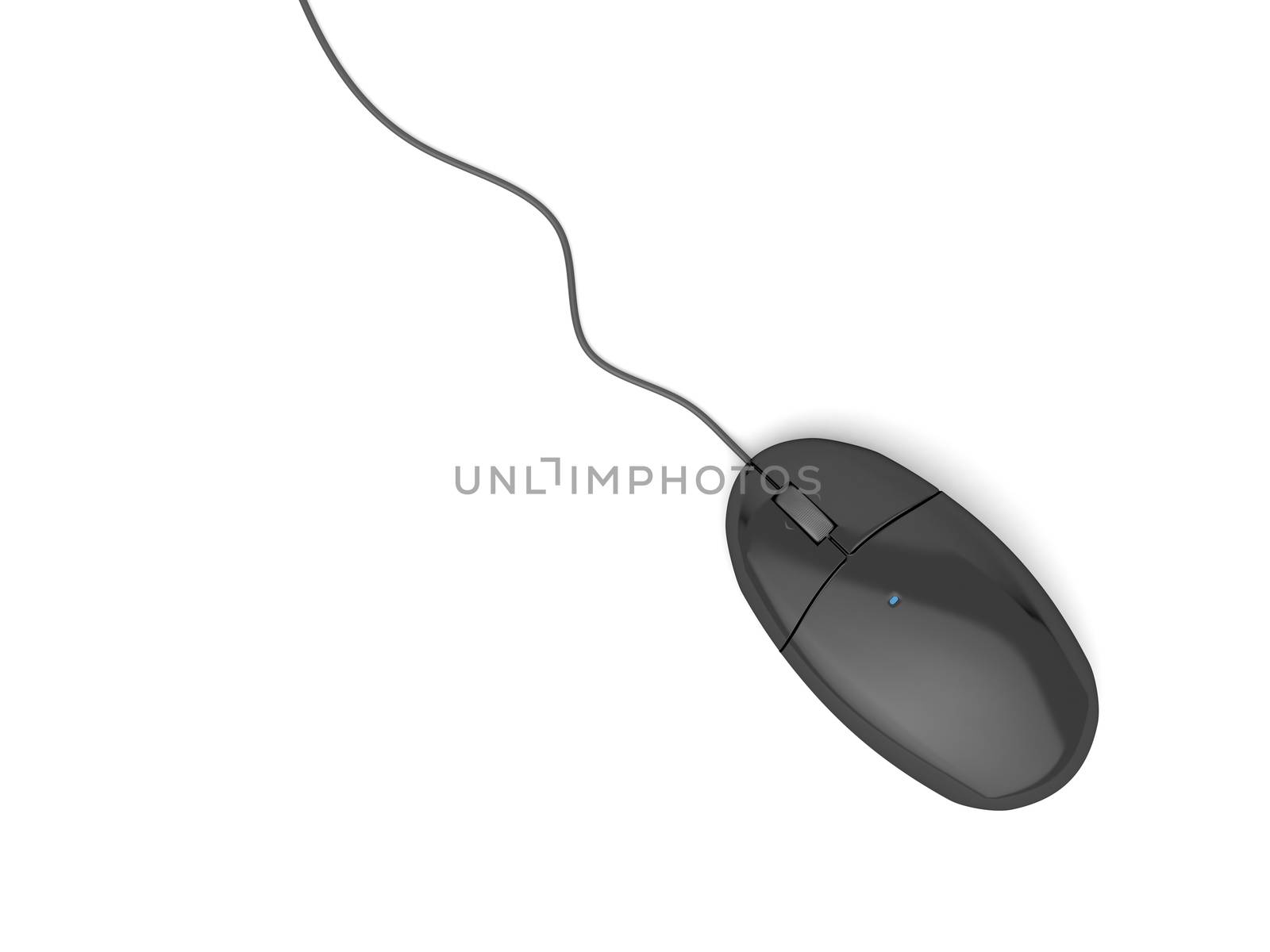Black computer mouse on white background, top view 