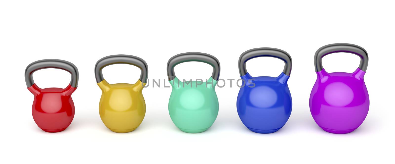Front view of kettlebells with different sizes and colors on white background