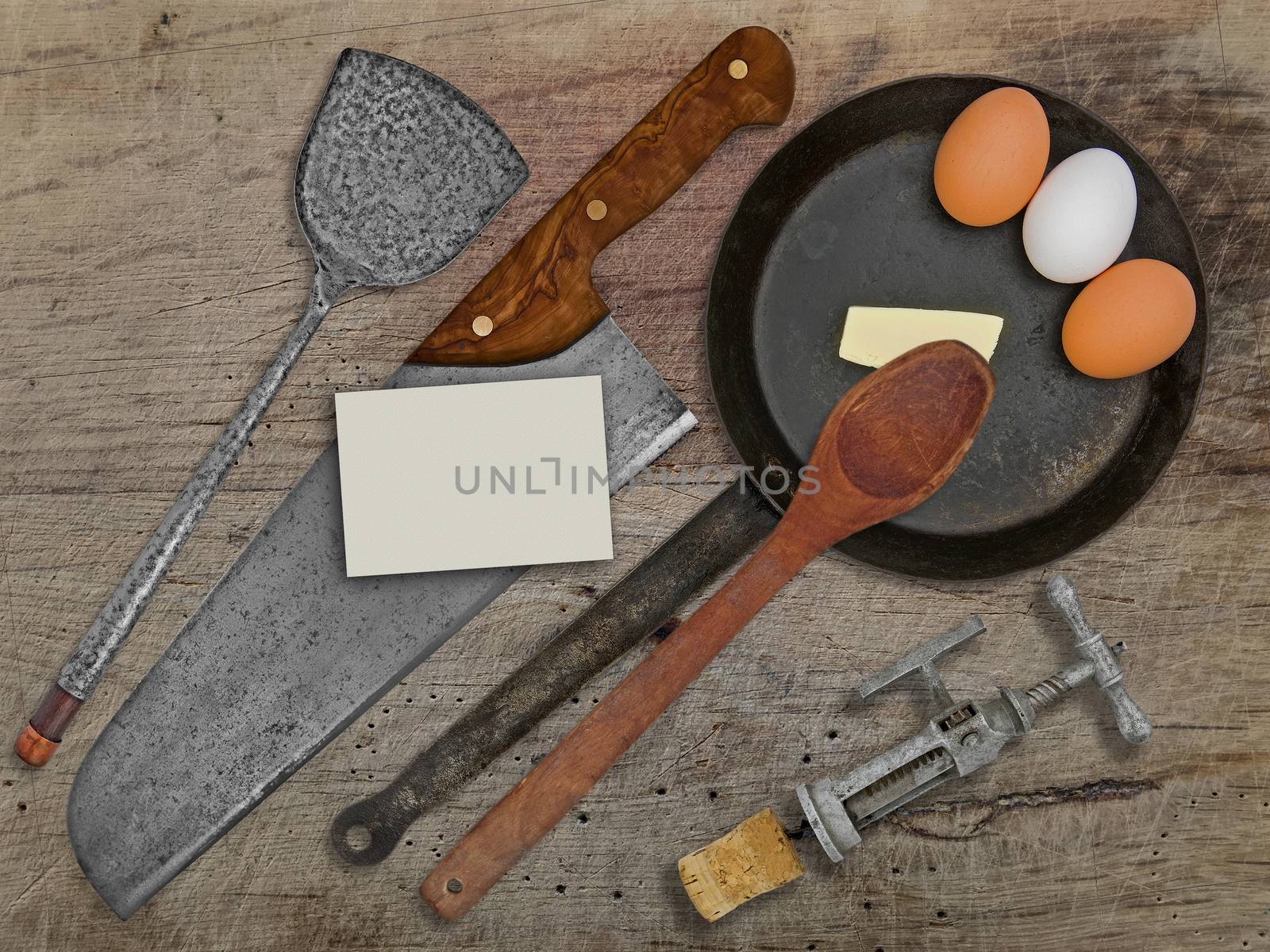 vintage set for frying eggs over wooden table, space on business card for your text