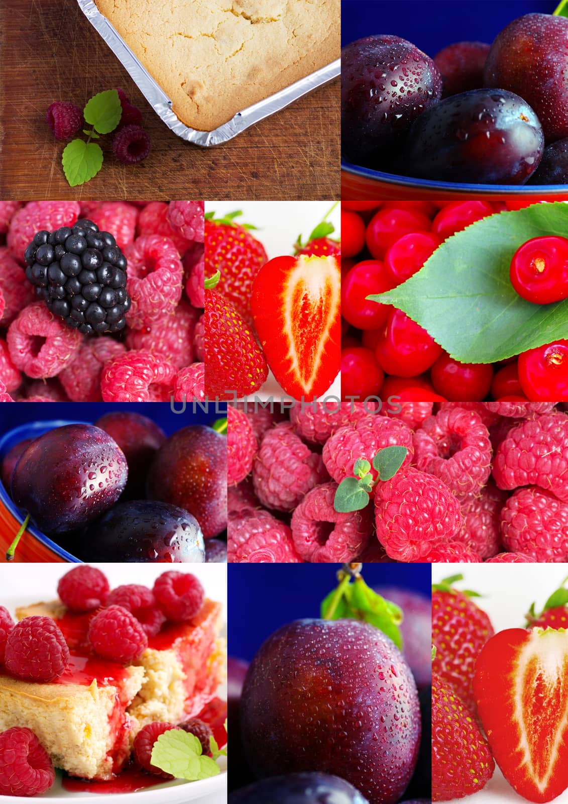 colorful fruit collage with cake
