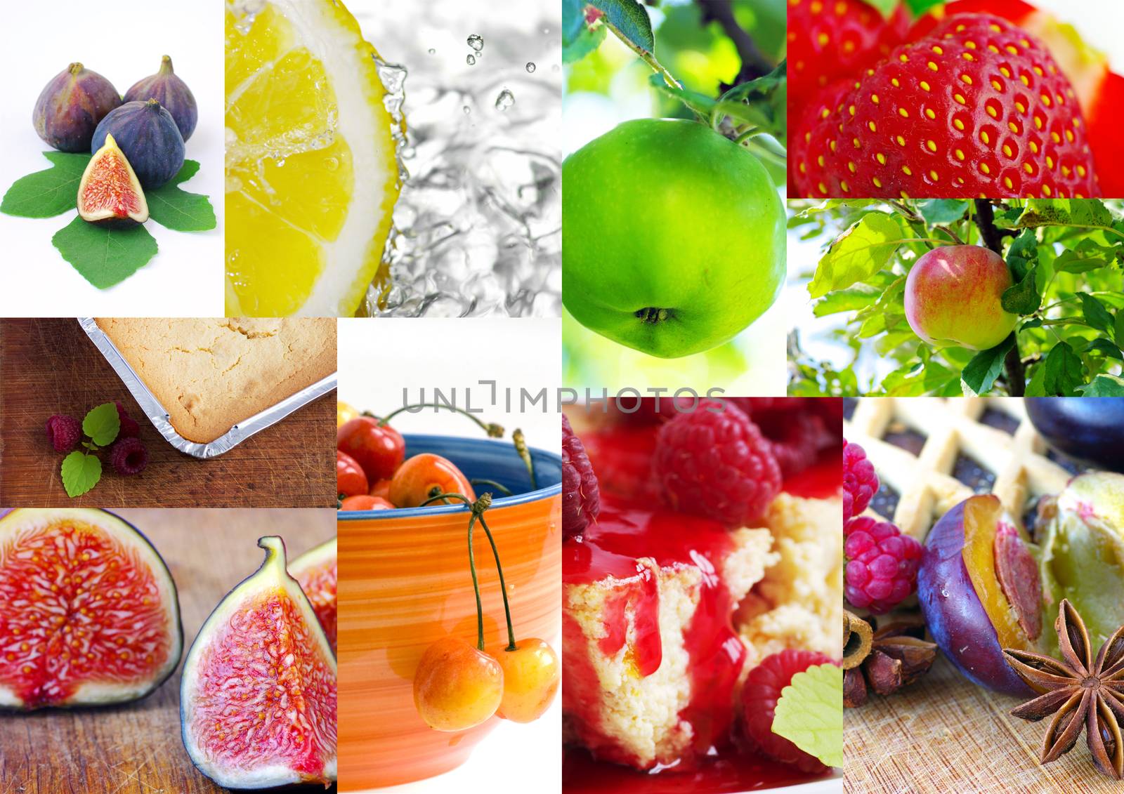 colorful fruit collage with cake