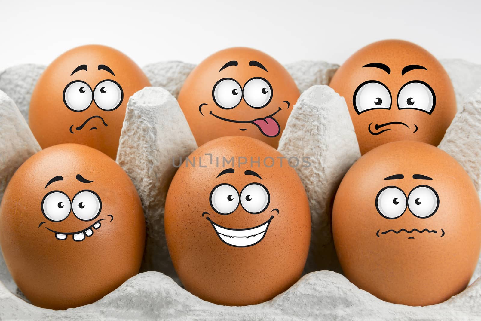 Eggs with faces and various expressions
