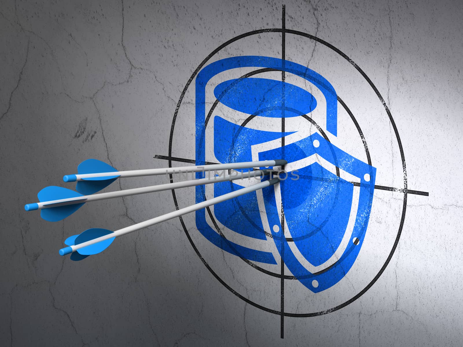 Success Programming concept: arrows hitting the center of Blue Database With Shield target on wall background, 3D rendering