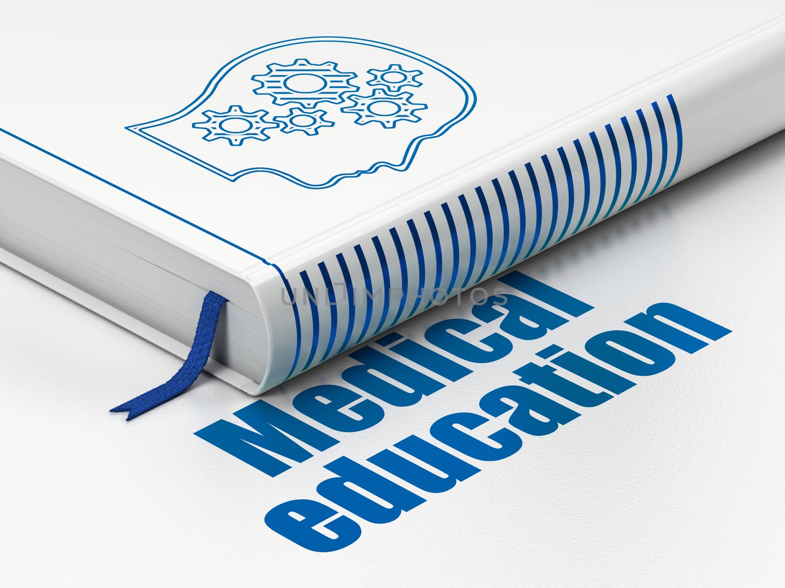 Education concept: closed book with Blue Head With Gears icon and text Medical Education on floor, white background, 3D rendering