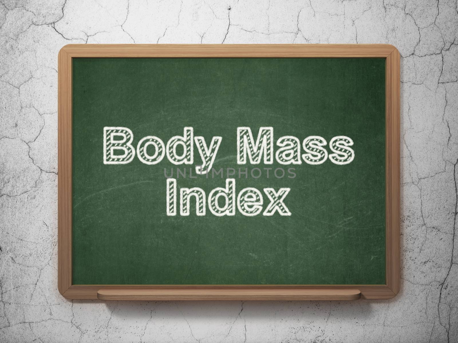 Health concept: text Body Mass Index on Green chalkboard on grunge wall background, 3D rendering