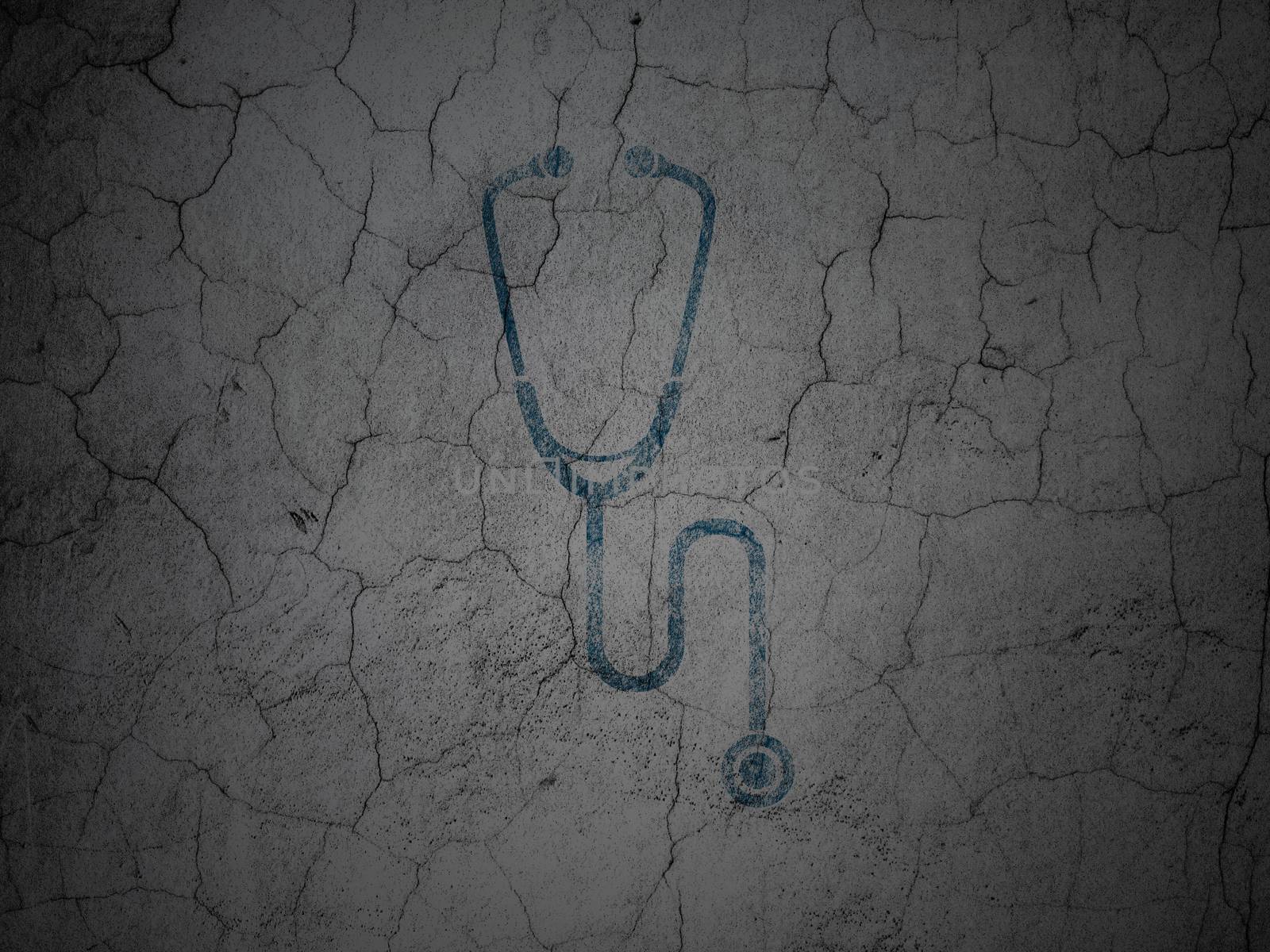 Medicine concept: Blue Stethoscope on grunge textured concrete wall background