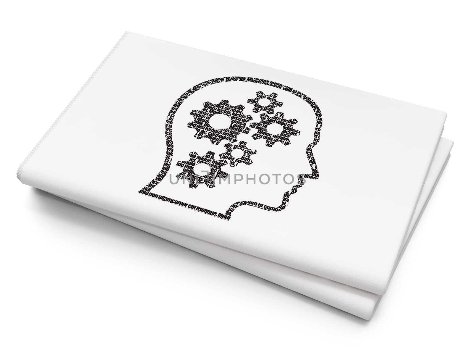 Advertising concept: Pixelated black Head With Gears icon on Blank Newspaper background, 3D rendering