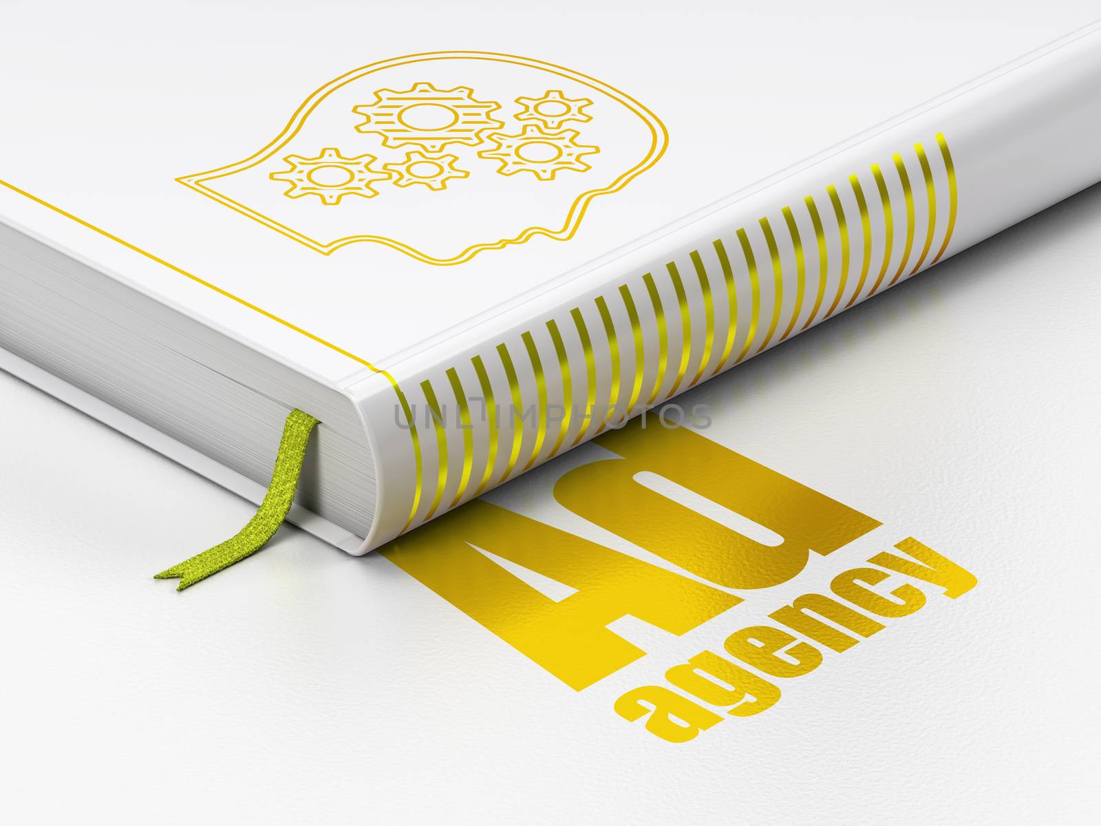 Marketing concept: closed book with Gold Head With Gears icon and text Ad Agency on floor, white background, 3D rendering
