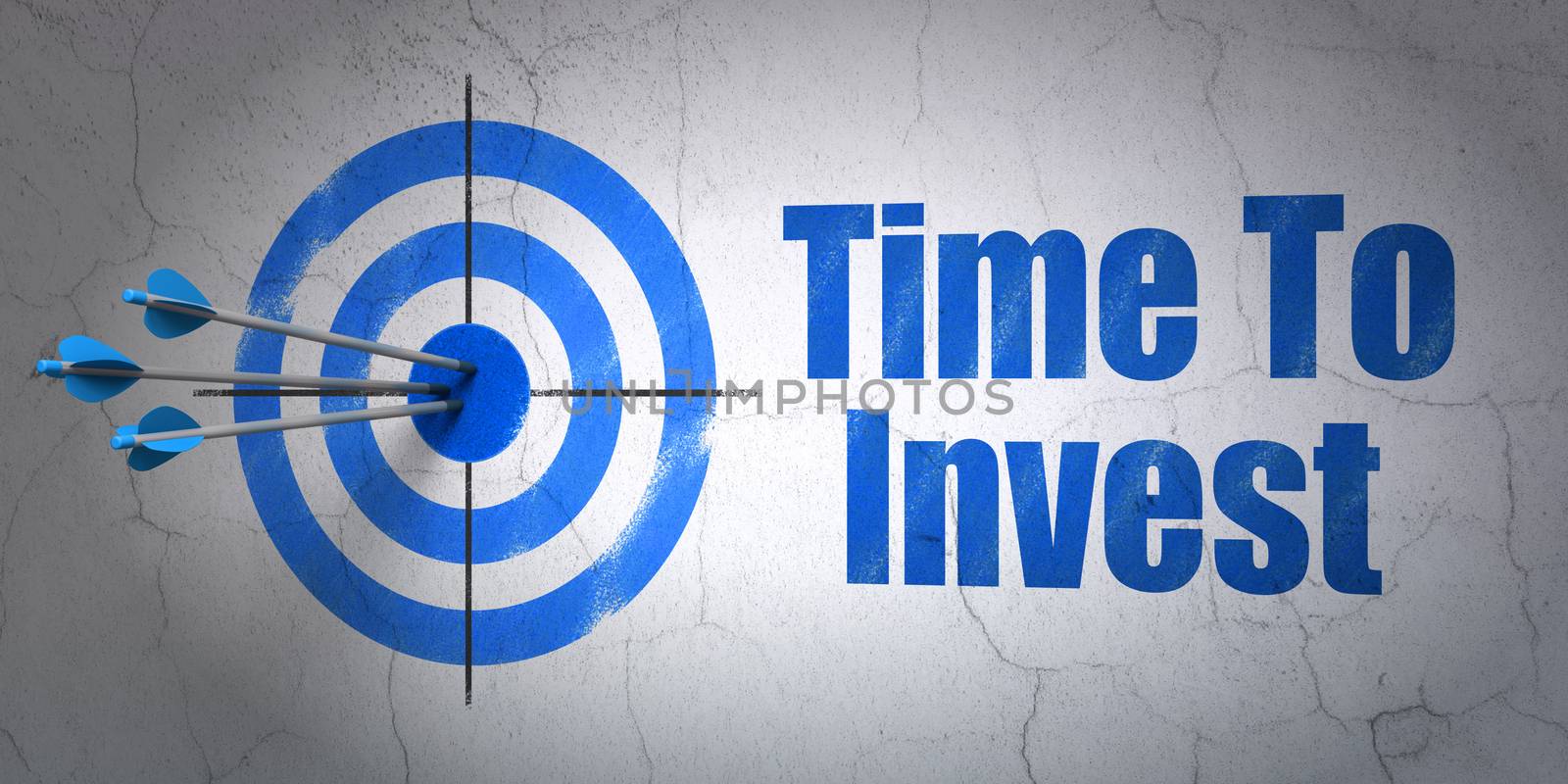 Success timeline concept: arrows hitting the center of target, Blue Time To Invest on wall background, 3D rendering