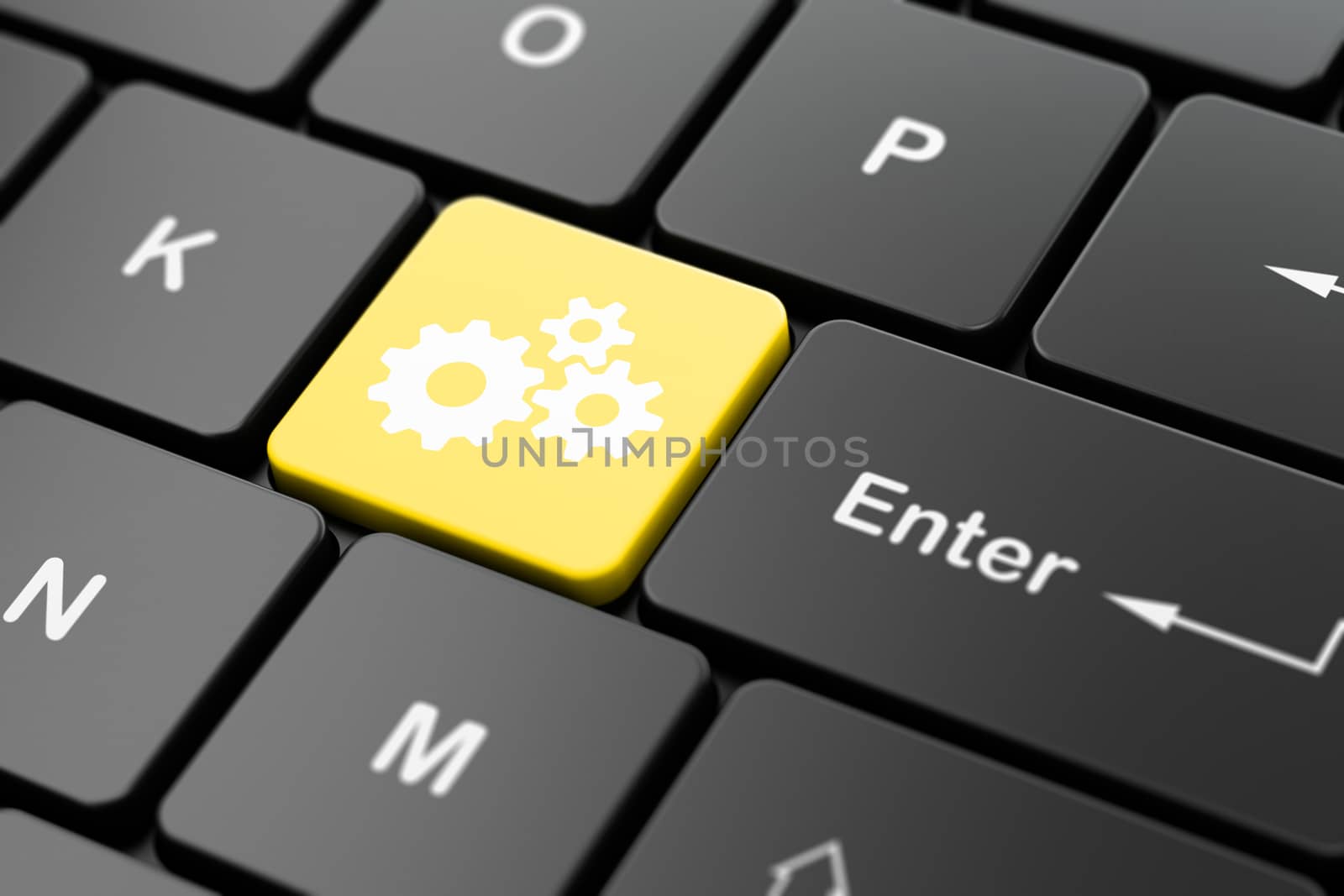 Finance concept: computer keyboard with Gears icon on enter button background, 3D rendering