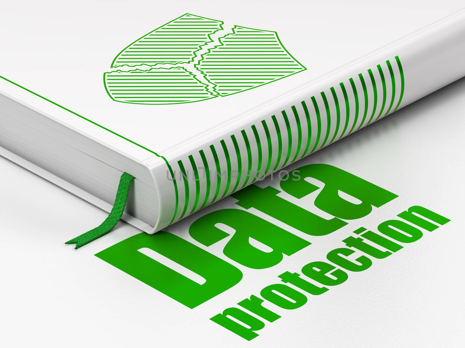 Protection concept: book Broken Shield, Data Protection on white background by maxkabakov