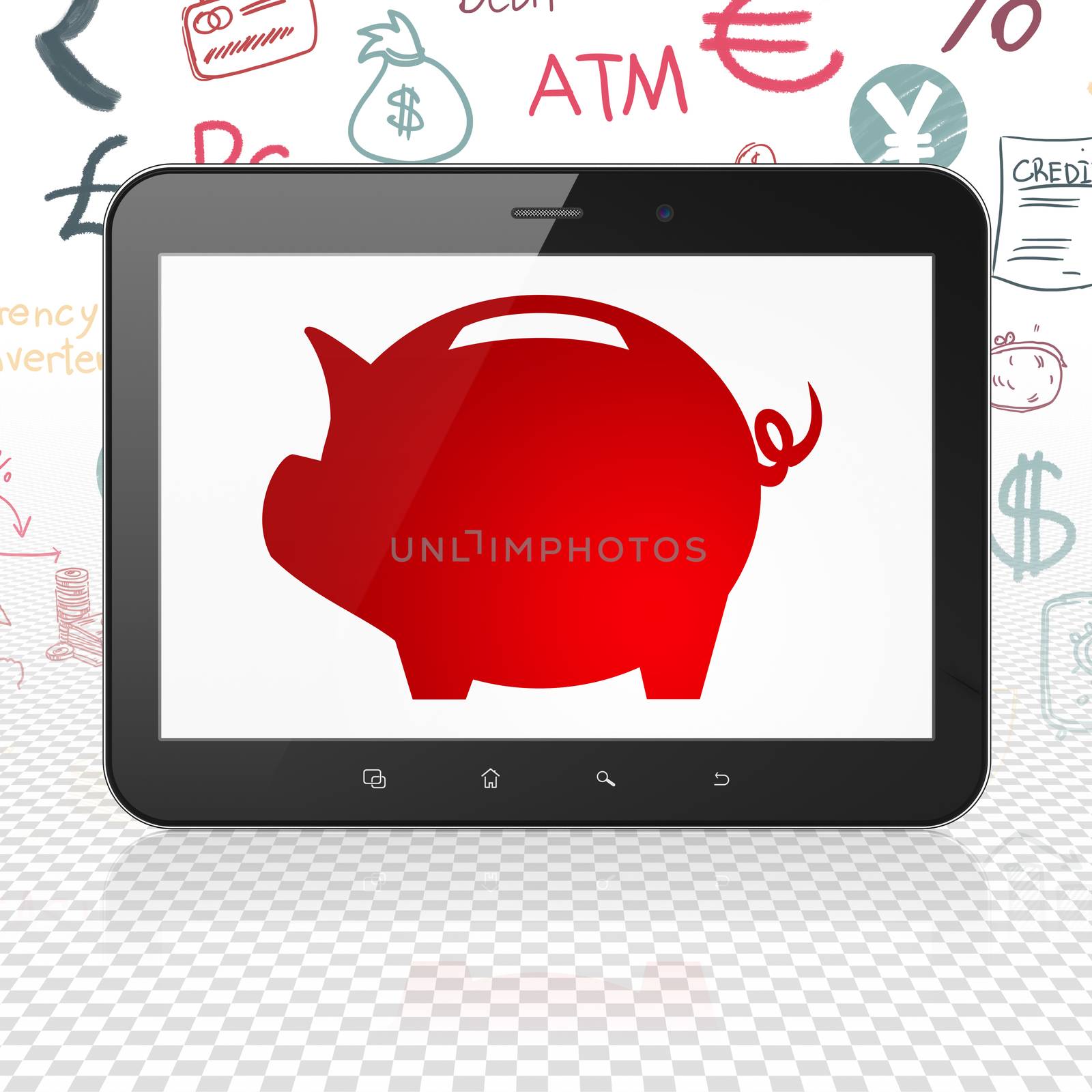 Banking concept: Tablet Computer with  red Money Box icon on display,  Hand Drawn Finance Icons background, 3D rendering