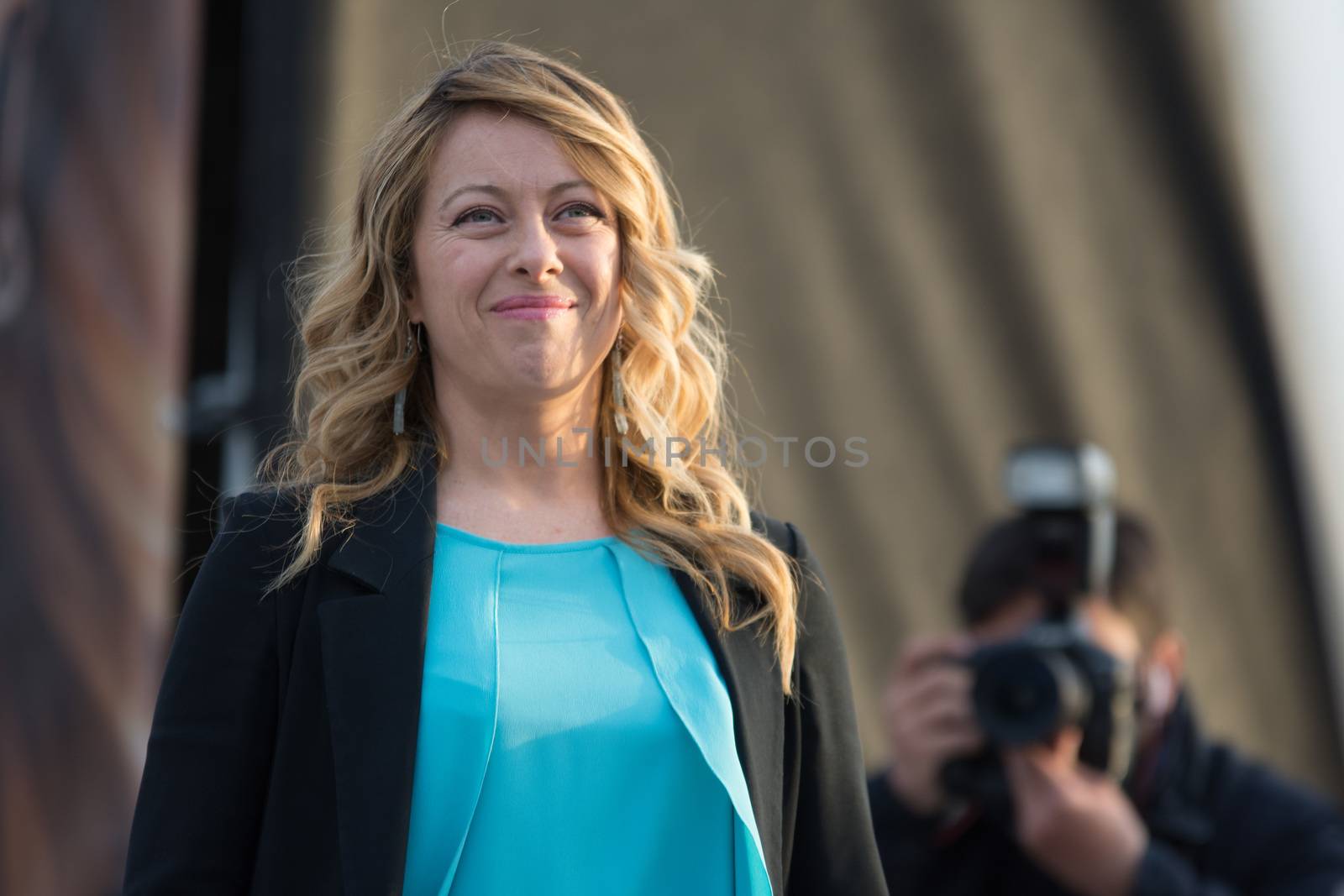 ITALY, Rome: Giorgia Meloni, co-founder of the Brothers of Italy party and candidate for Mayor of Rome, addresses supporters during a rally there on April 21, 2016.