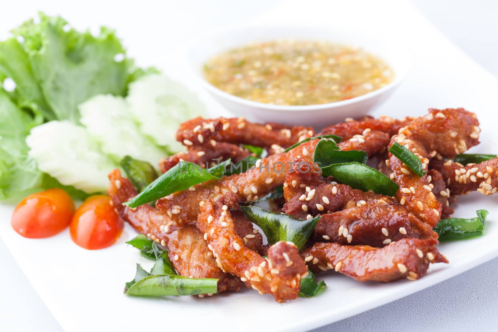 fried pork topping with white sesame on a white plate