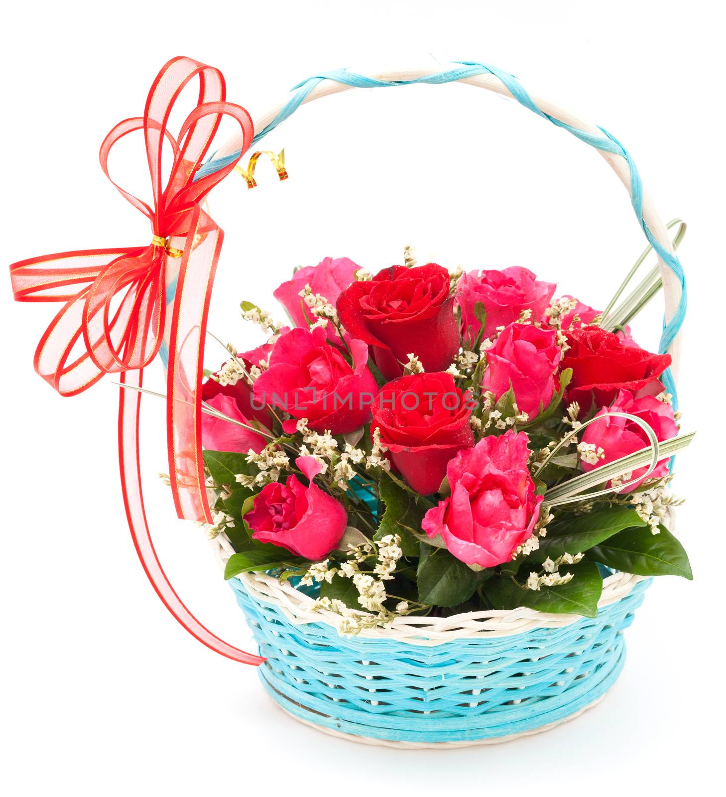 pink rose in basket on white background