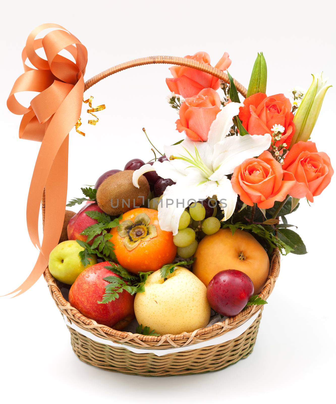 fruit basket with flower on white background