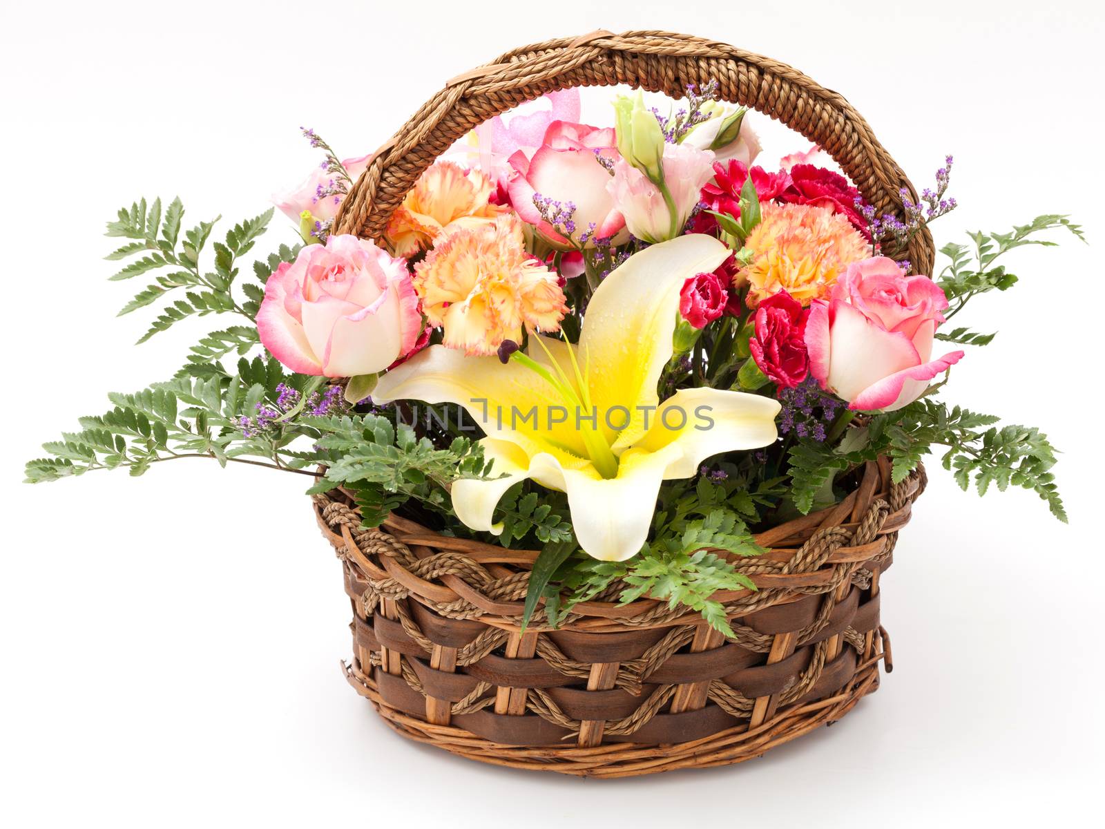 various flower in basket on white background