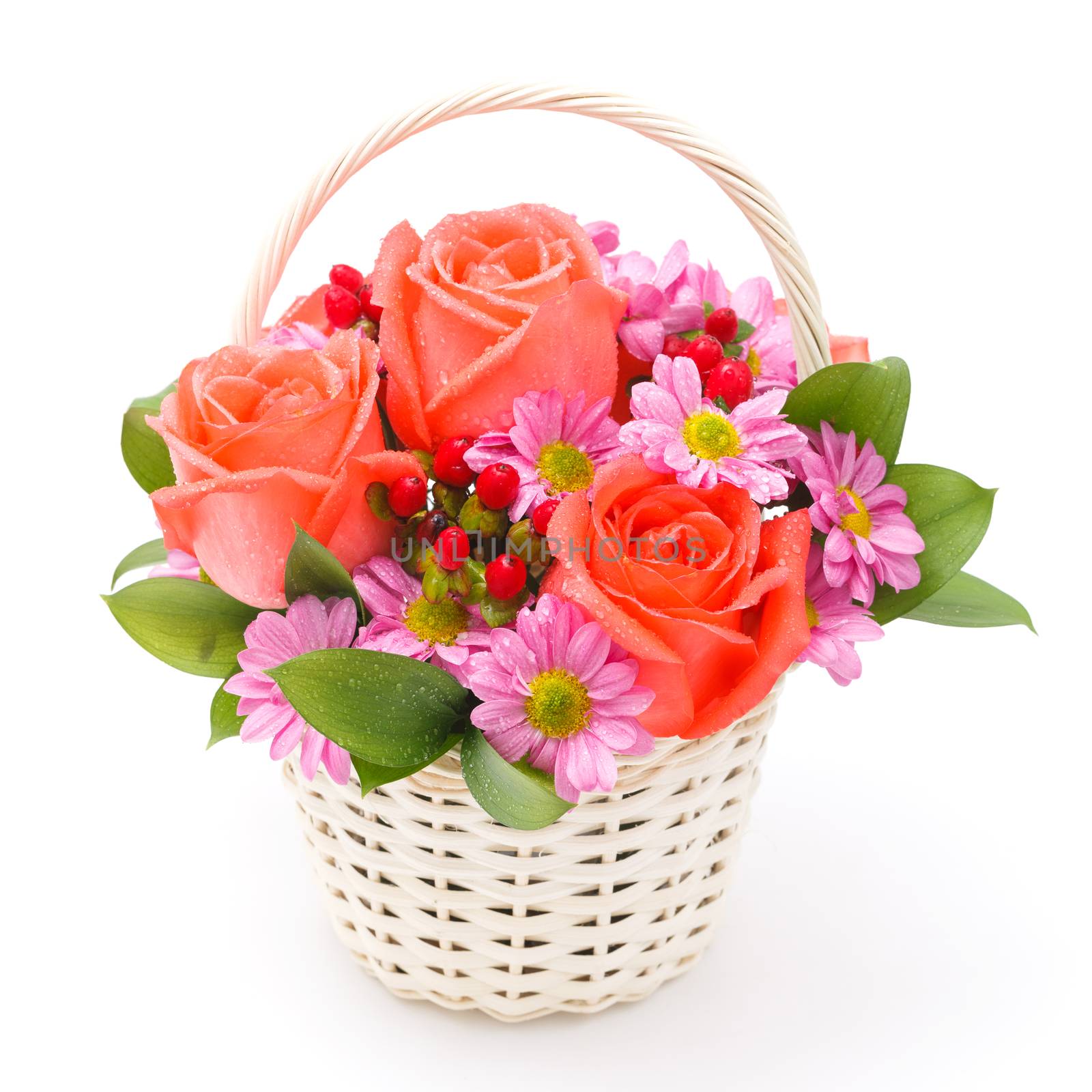 flowers in basket on white background