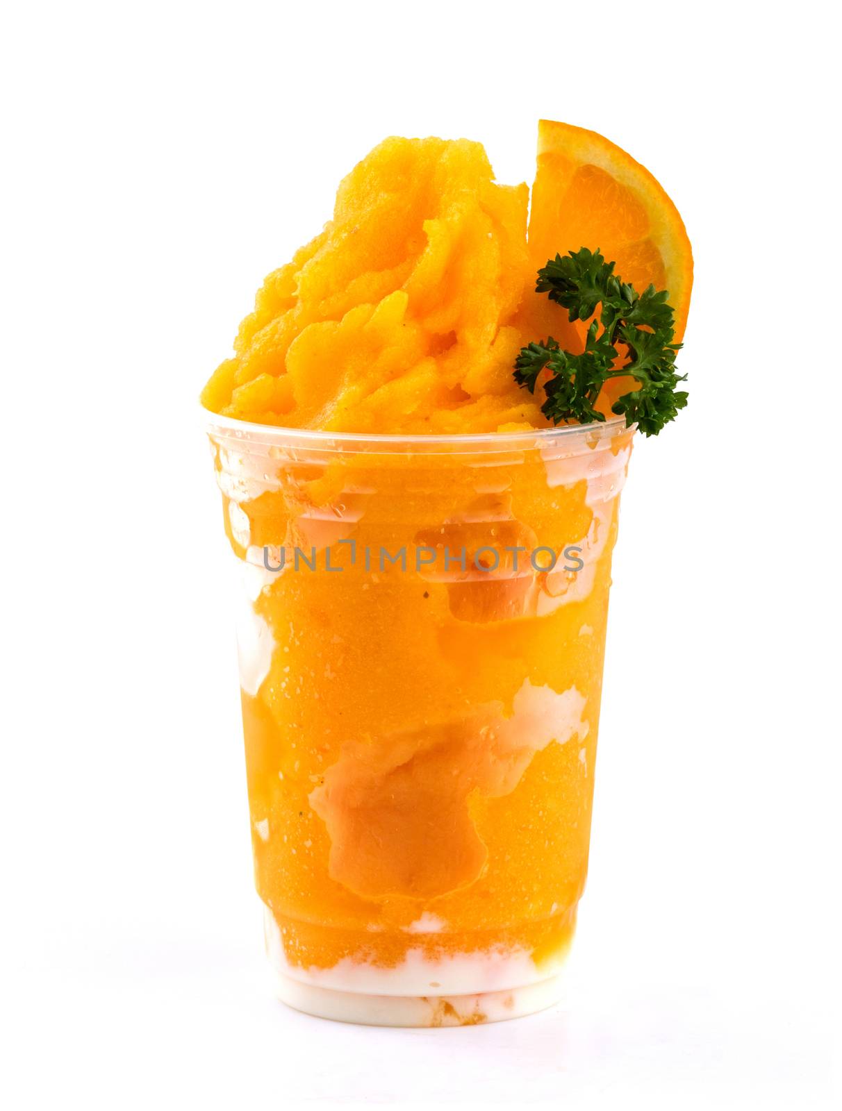 orange smoothies on white background