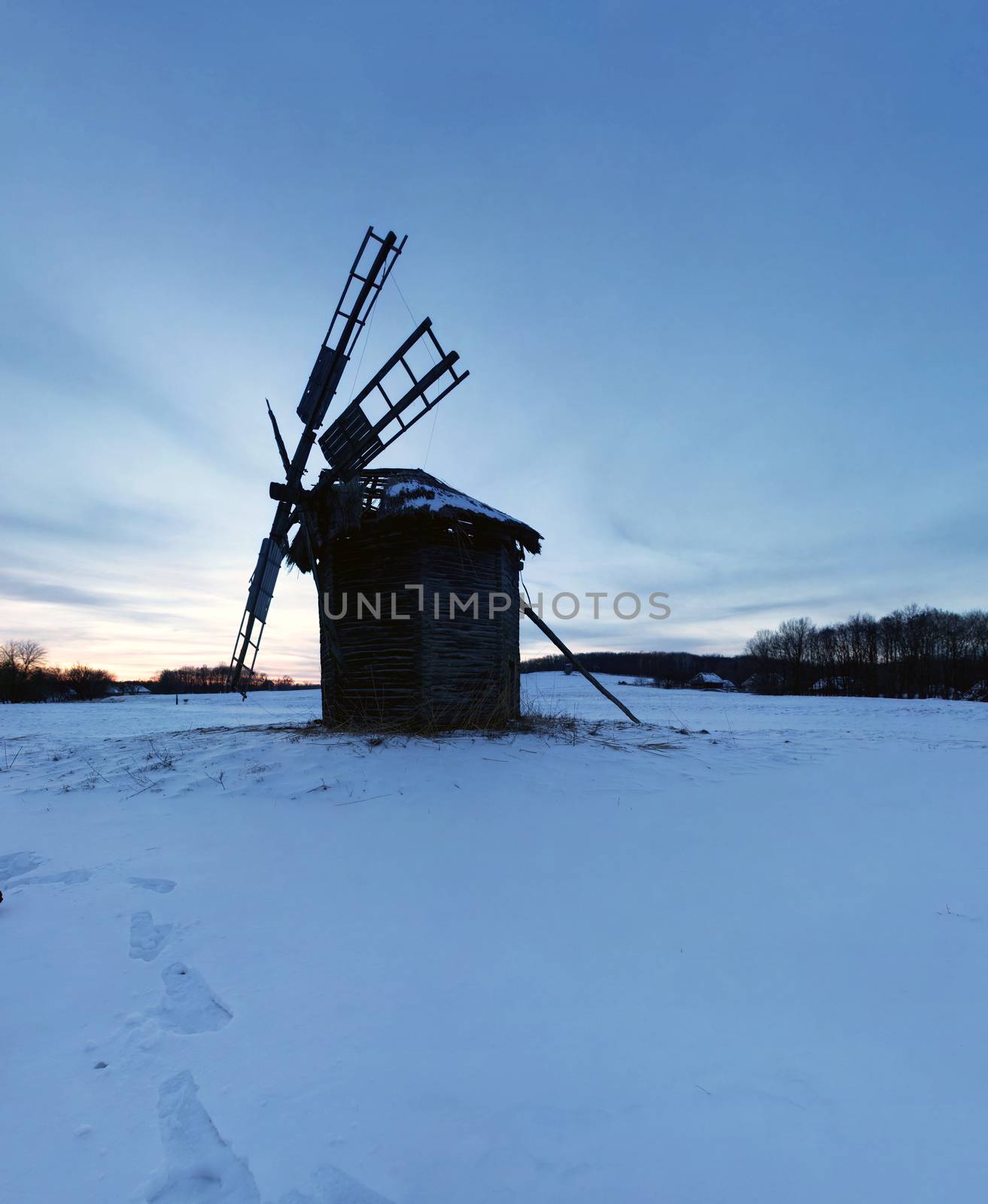 Old wooden windmills at Pirogovo ethnographic museum, near Kiev, Ukraine