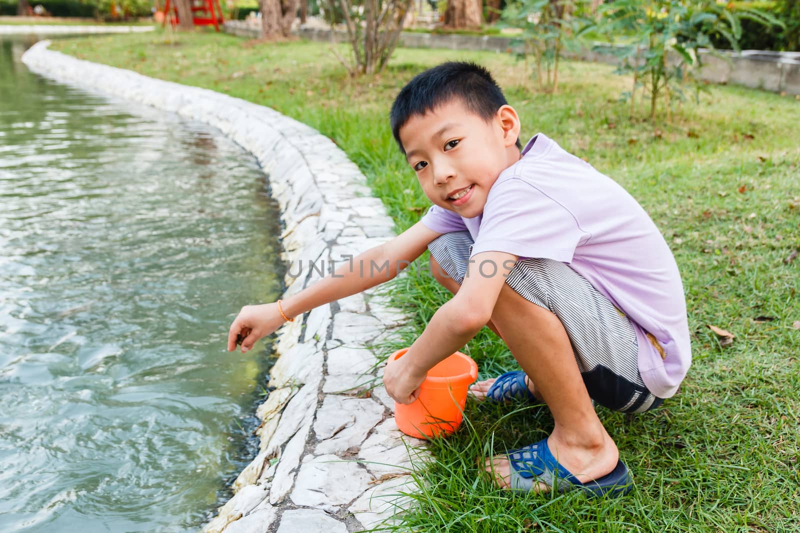 Young Thai boy feeding fish in pond.