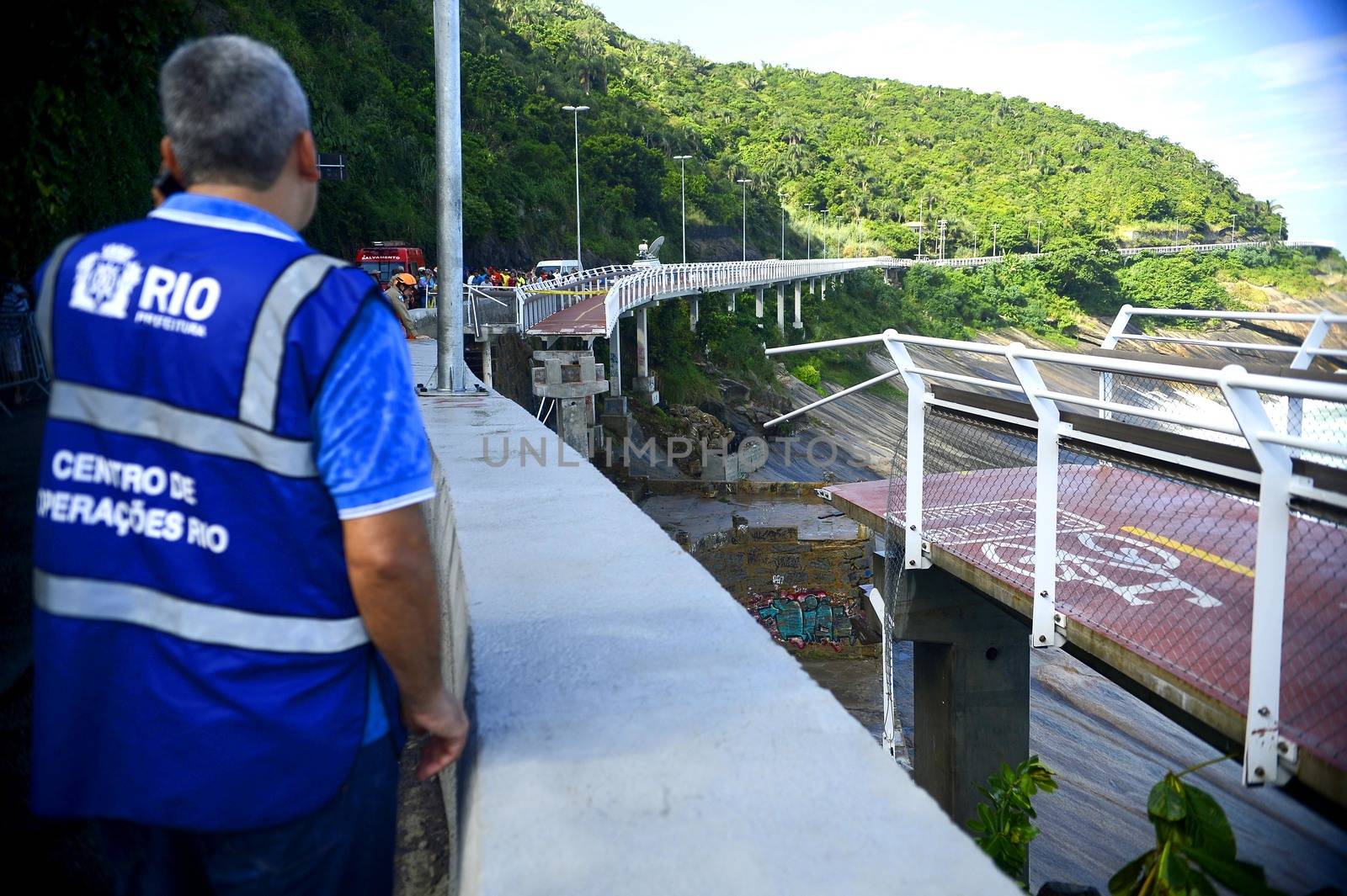 BRAZIL, Rio de Janeiro: View of a bike path after it collapsed, in Rio de Janeiro, on April 21, 2016. Inaugurated in January, the track was hit by strong waves. Two people were killed in the accident and one remains disappeared.