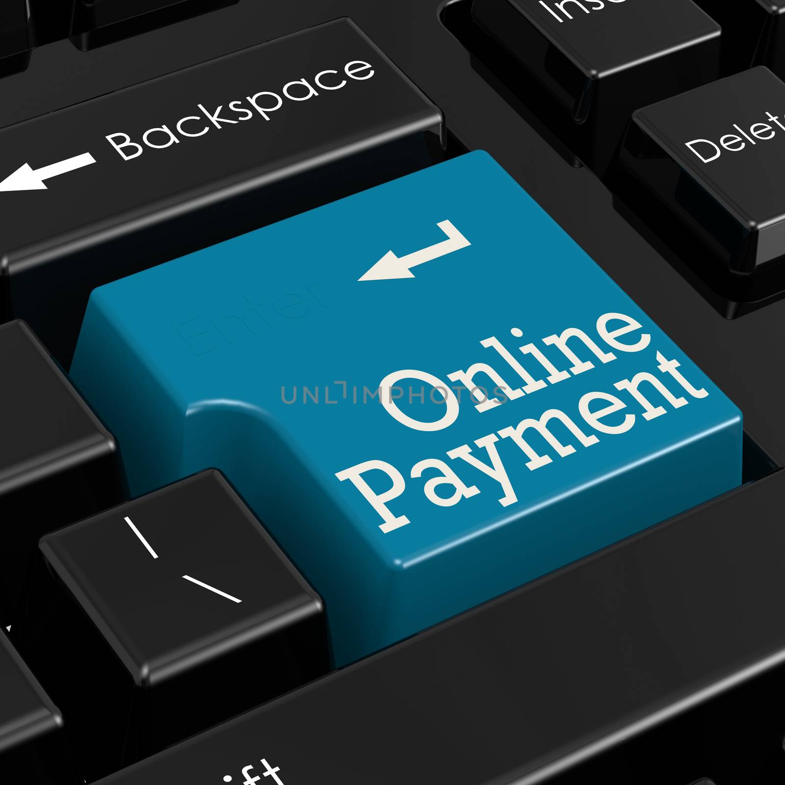 Online payment concept. Blue keyboard button. 3D Render.