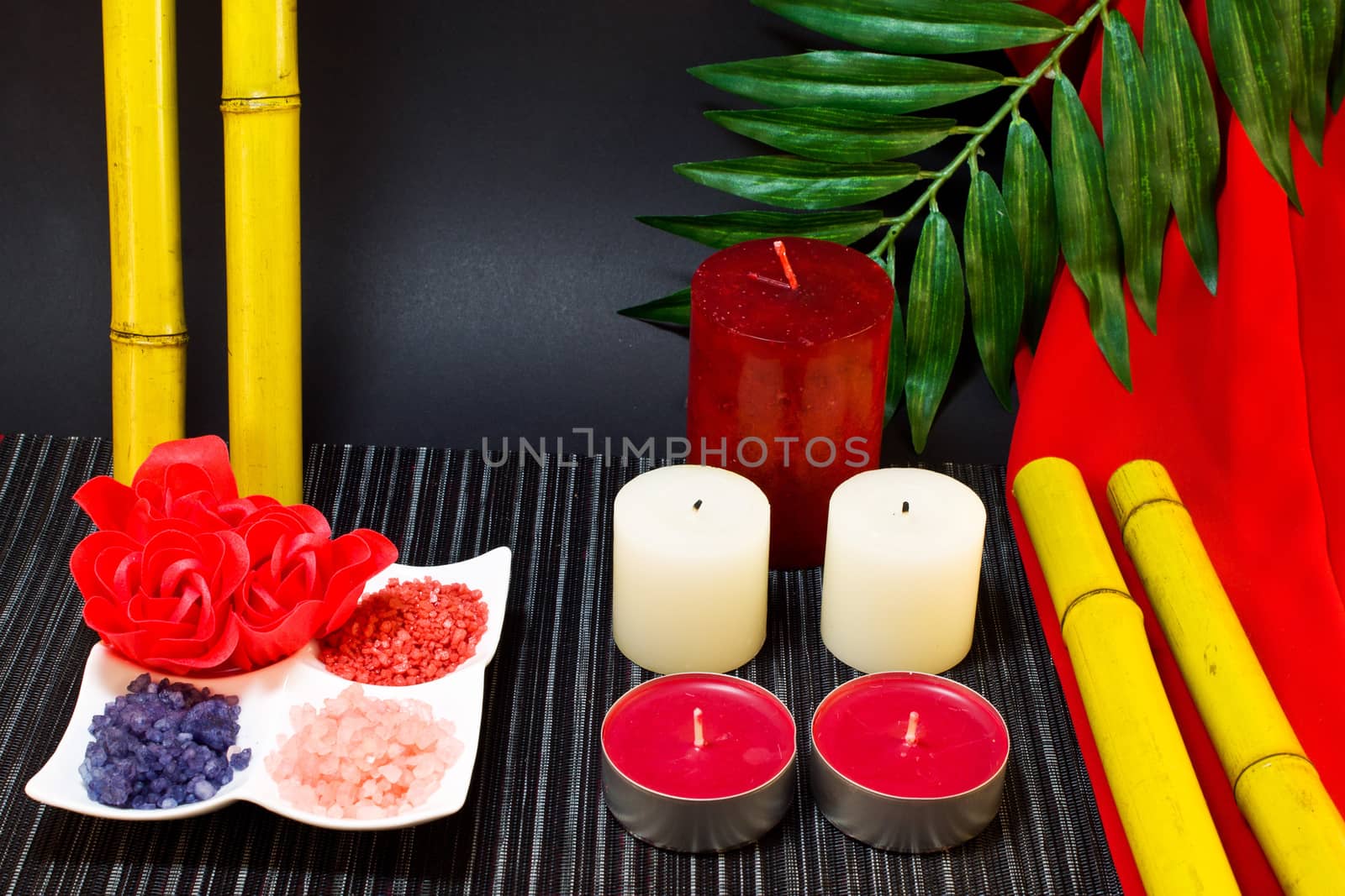 Spa composition in red and black colors with bamboo by LenoraA
