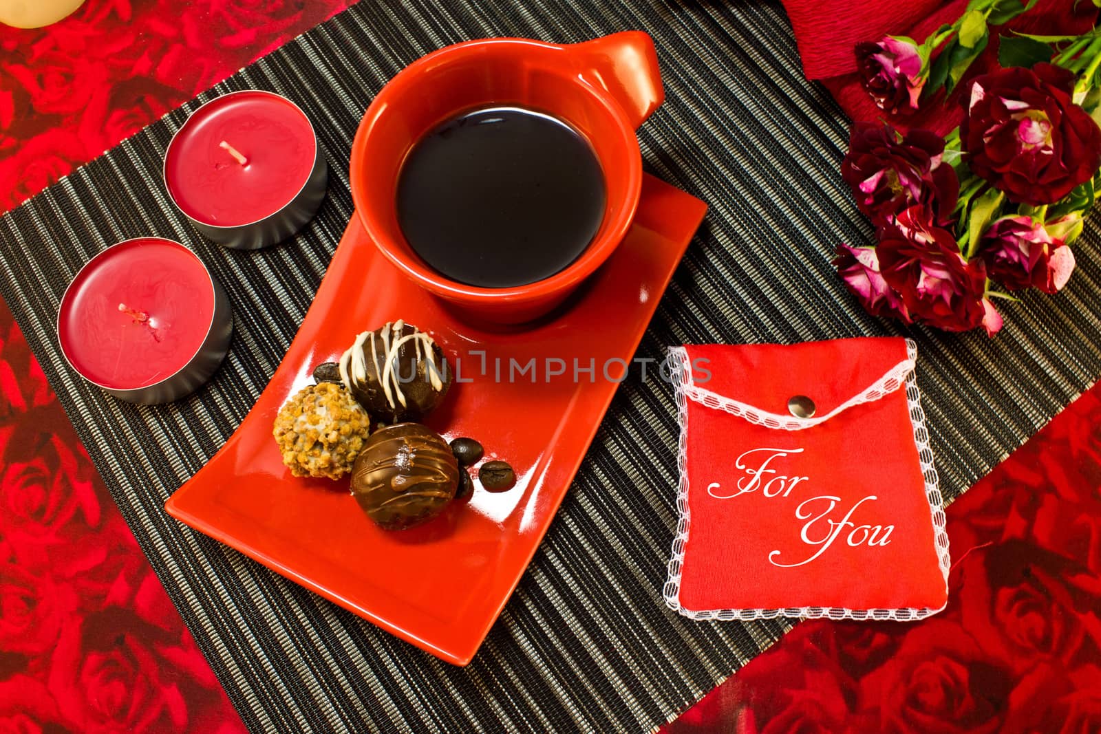 Coffee in red cup with gift envelope by LenoraA