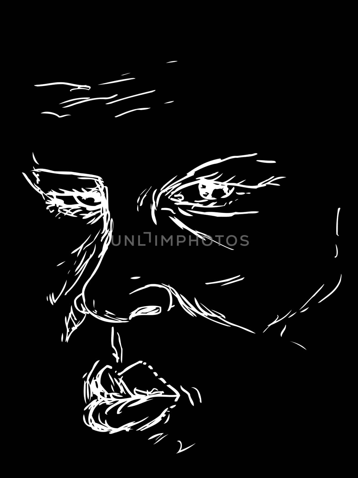 Drawing of serious middle aged male face over black