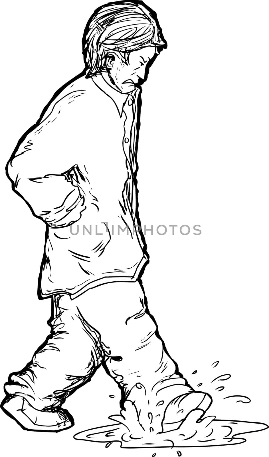 Outline of upset man with hands in pocket stepping in puddle