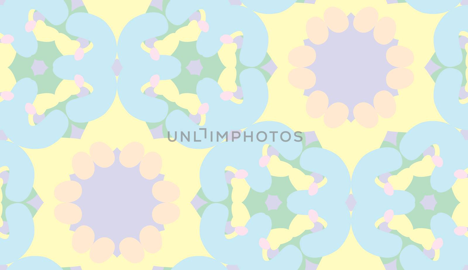 Seamless pattern of yellow and blue geometric kaleidoscope shapes