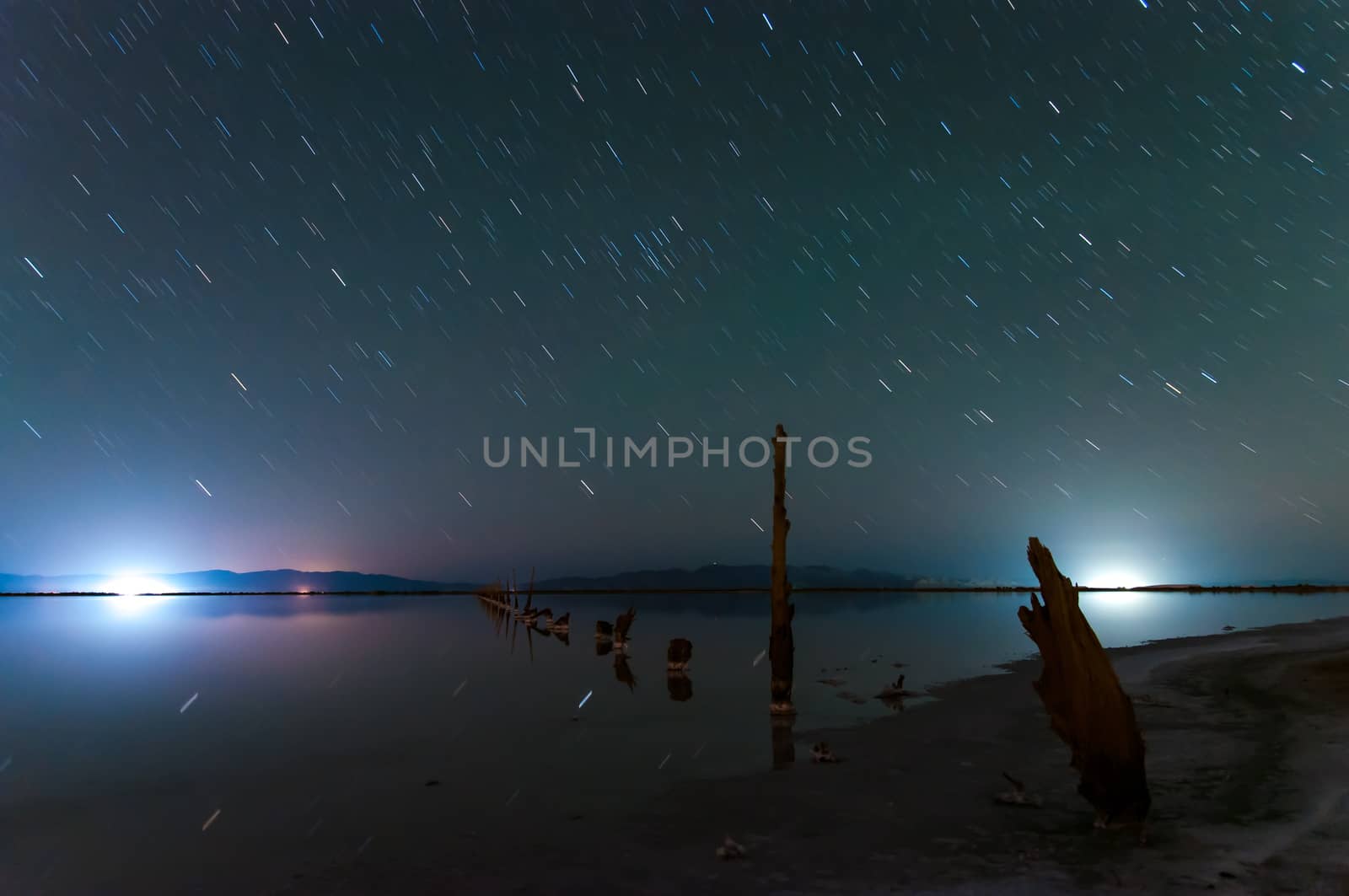 Lakeside Long Exposure Shot of two Mines after midnight