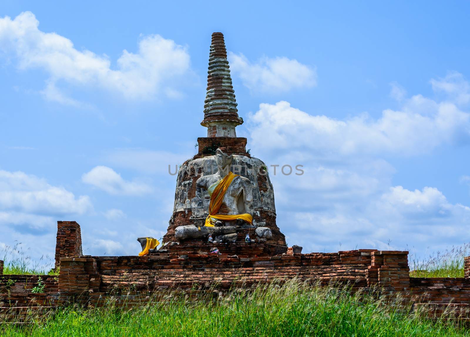 Buddha sculpture and old Pagoda by suriyaph