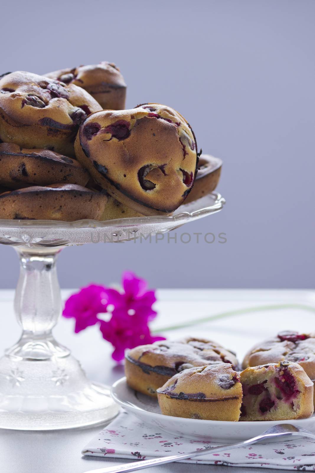 Cake with cherries served on a plate