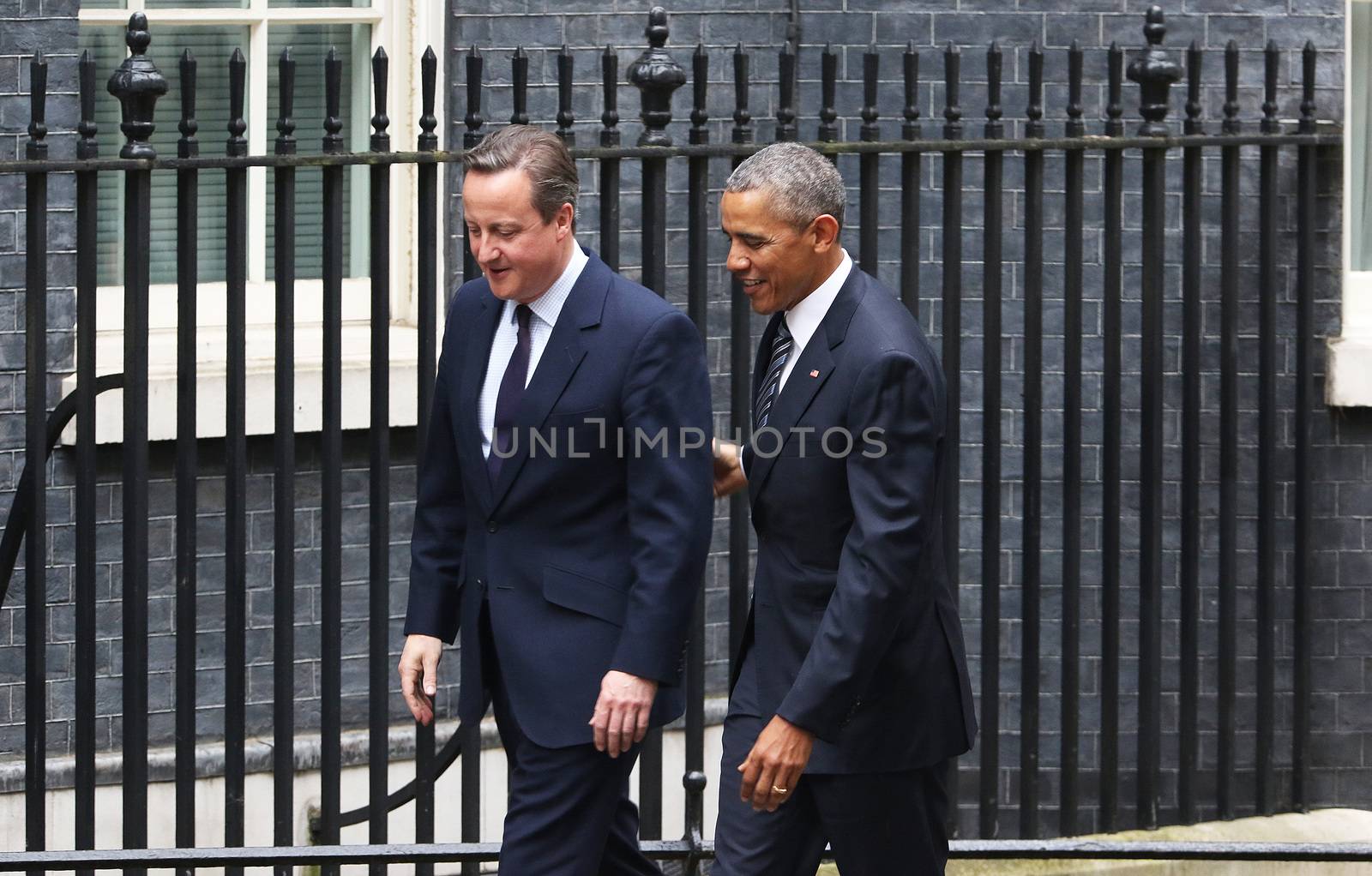 UNITED-KINGDOM, London: President Barack Obama (R) greets British Prime Minister David Cameron (L) as they meet at Downing Street on April 22, 2016 in London, United-Kingdom. The President and his wife are currently on a brief visit to the UK where they will have lunch with HM Queen Elizabeth II at Windsor Castle and dinner with Prince William and his wife Catherine, Duchess of Cambridge at Kensington Palace. 