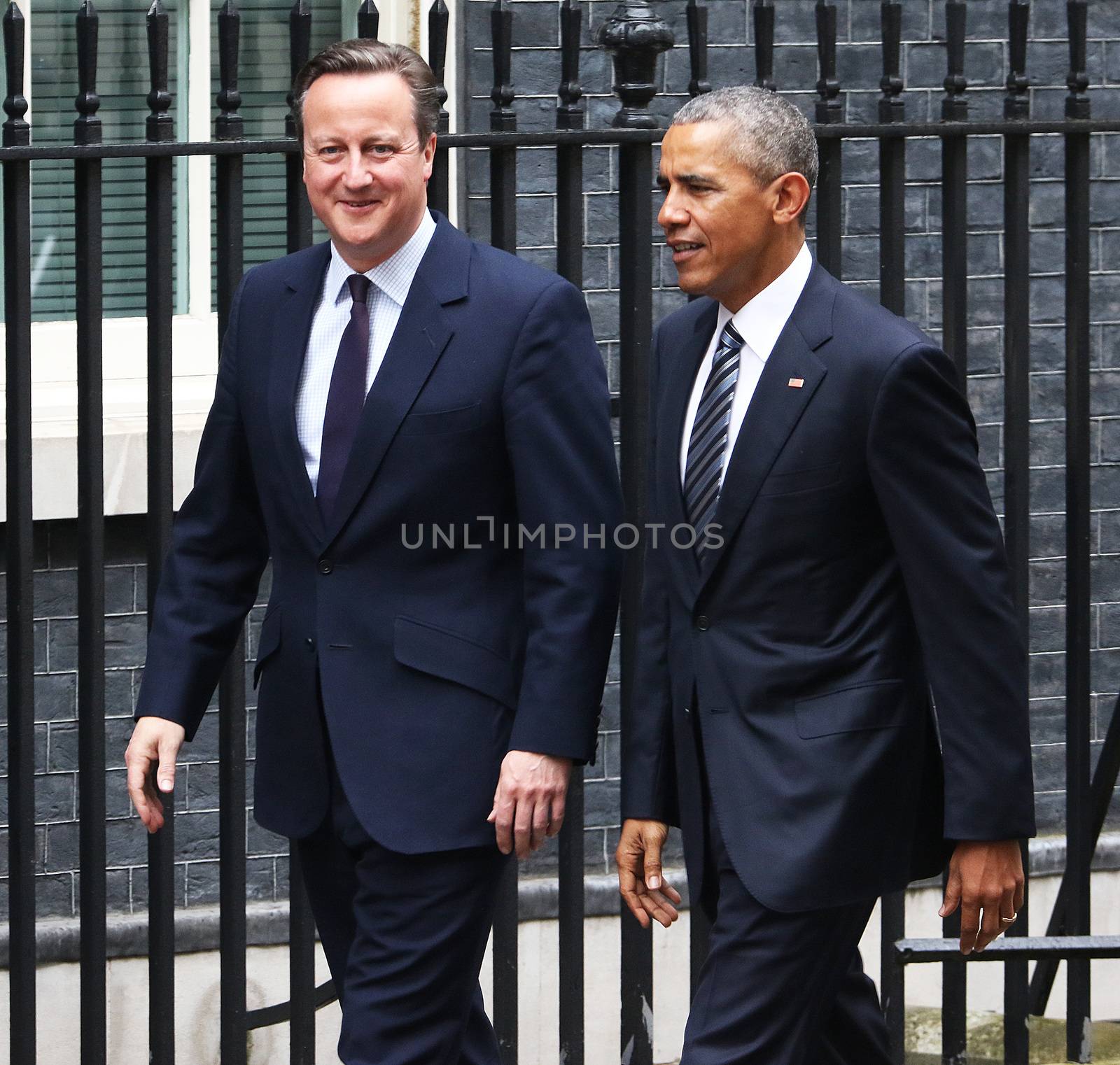 UNITED-KINGDOM, London: President Barack Obama (R) greets British Prime Minister David Cameron (L) as they meet at Downing Street on April 22, 2016 in London, United-Kingdom. The President and his wife are currently on a brief visit to the UK where they will have lunch with HM Queen Elizabeth II at Windsor Castle and dinner with Prince William and his wife Catherine, Duchess of Cambridge at Kensington Palace. 