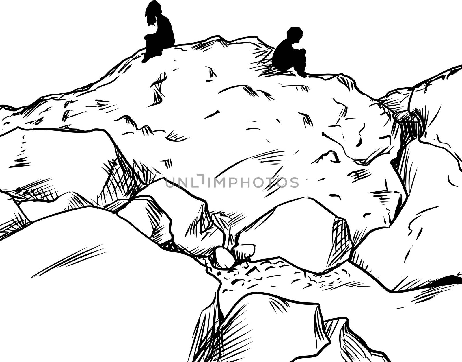Outlined man and woman sitting on rocks not facing each other