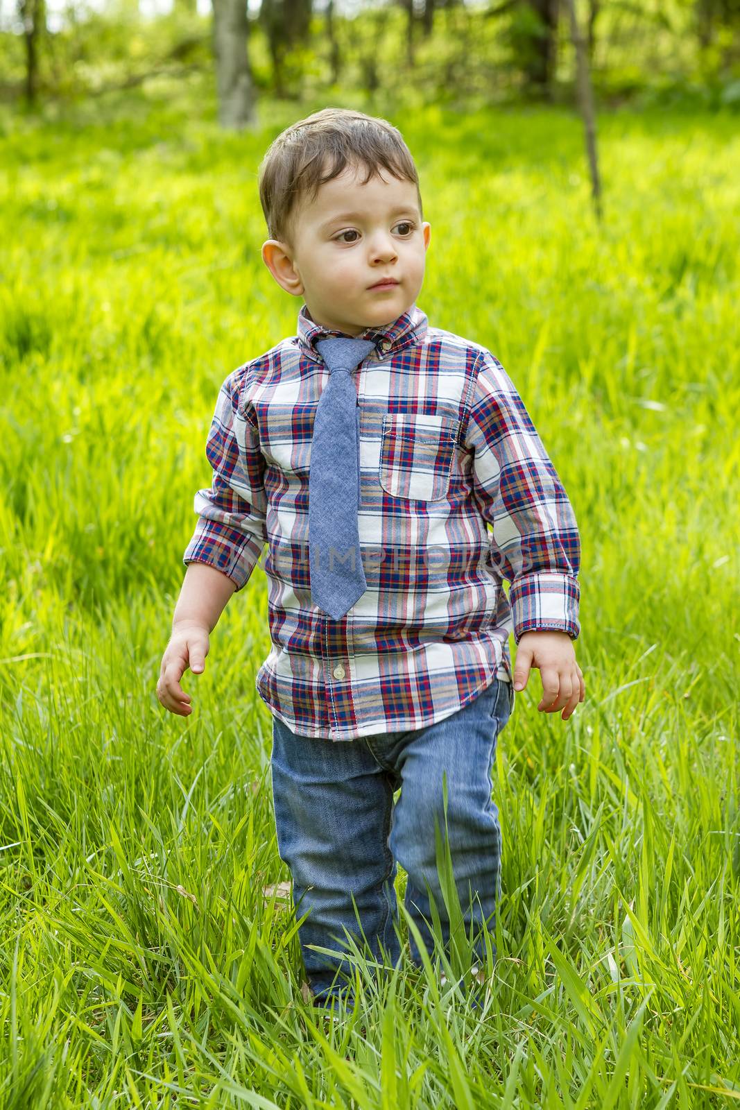 Little boy in the blue shirt jeans and striped tie walking in the grass in park