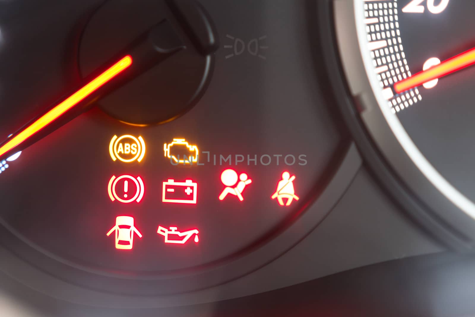 Set of car dash boards engine meter, warning symbol, on black background