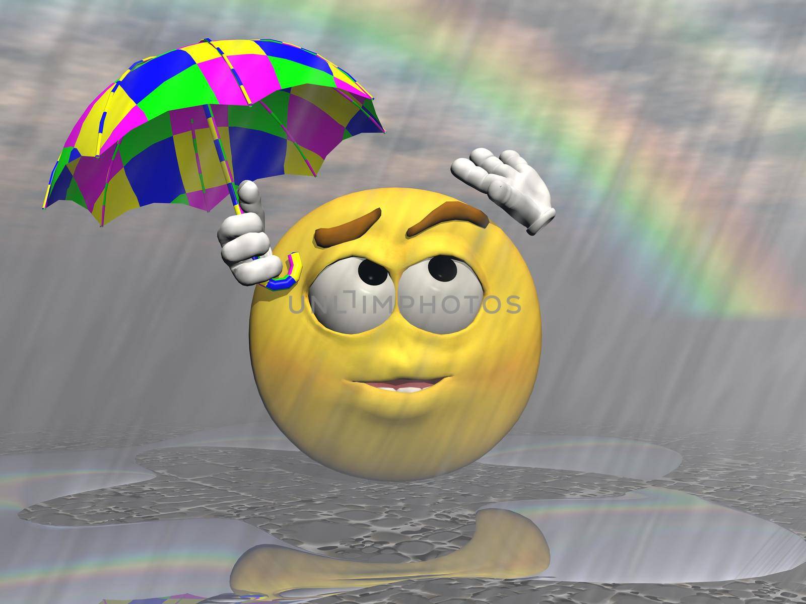 Emoticon rain and umbrella with a rainbow