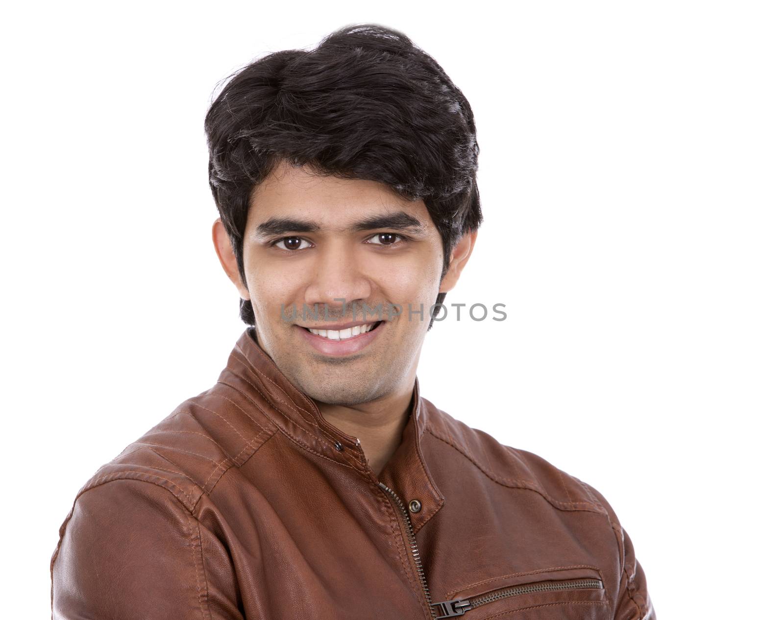 handsome east indian man wearing brown jacket on white isolated background