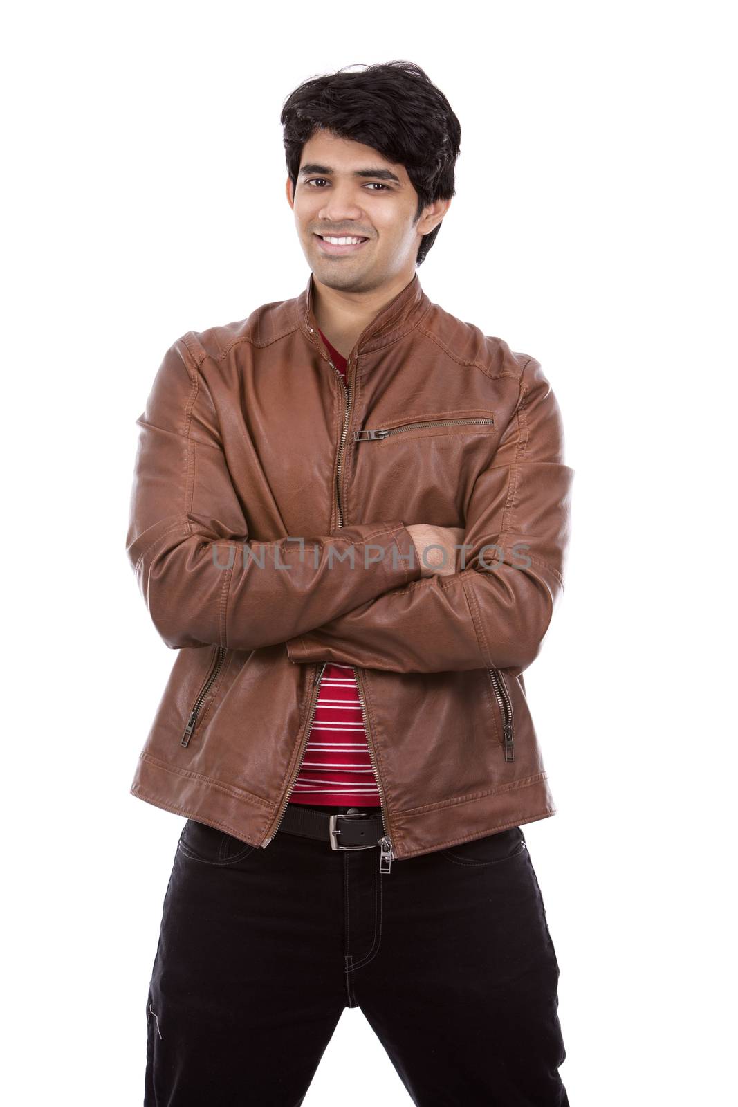 handsome east indian man wearing red shirt on white isolated background