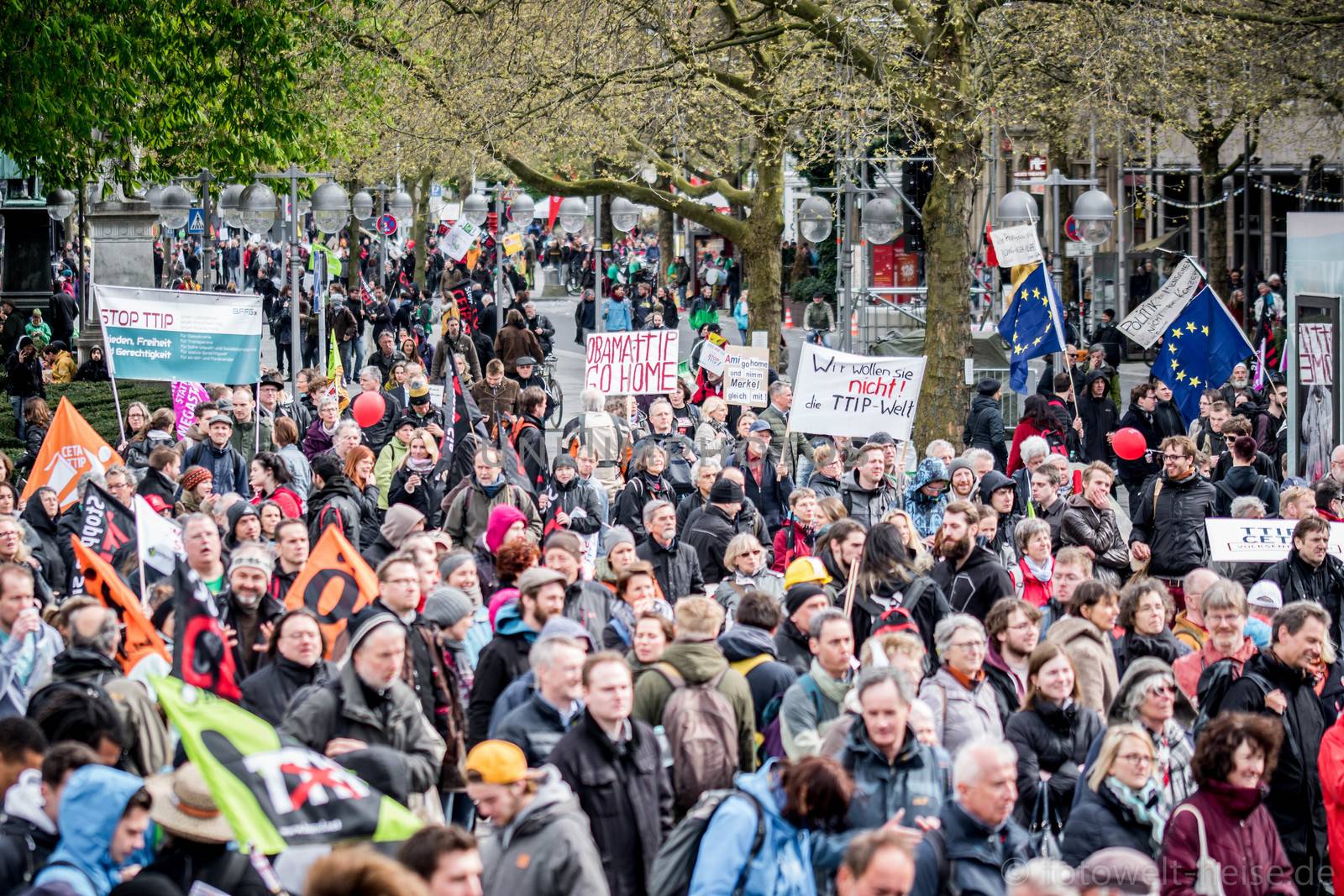GERMANY, Hanover: Thousands attend a rally in Hanover, Germany against the Trans-Atlantic Trade and Investment Partnership (TTIP) on April 23, 2016 ahead of US President Barack Obama's visit. Obama and German Chancellor Angela Merkel are set to open the world's largest industrial trade fair in Hanover on April 24, and leaders will reportedly congregate in New York City the following day to continue talks on TTIP.