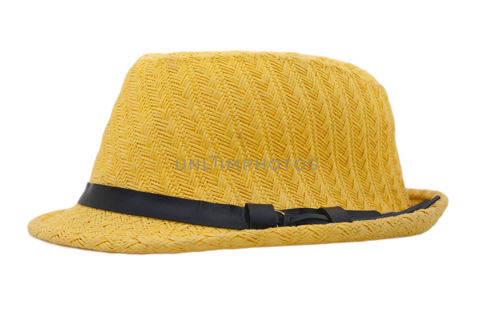 summer yellow wicker hat with black braid around the circumference