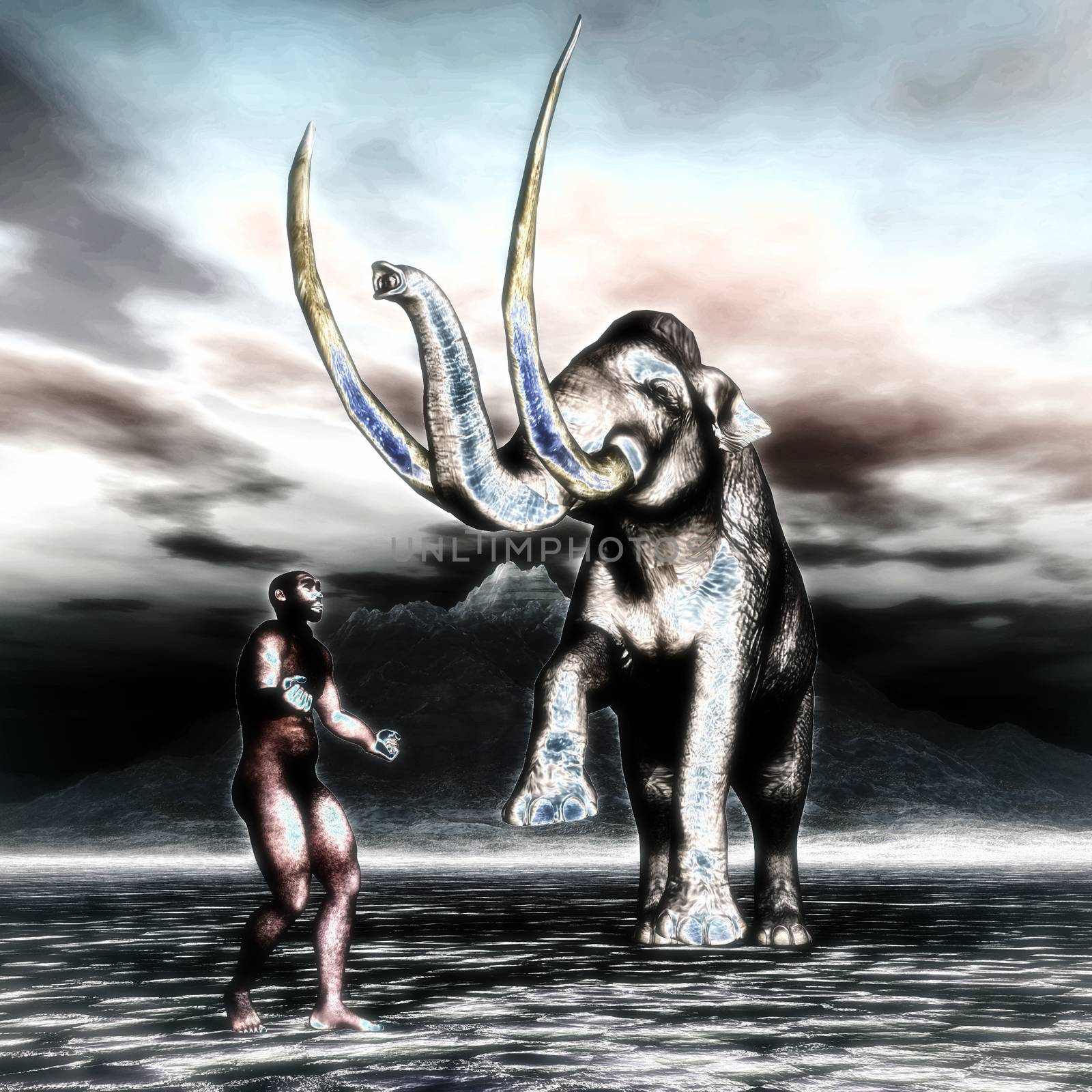 Mammoth with prehistoric man