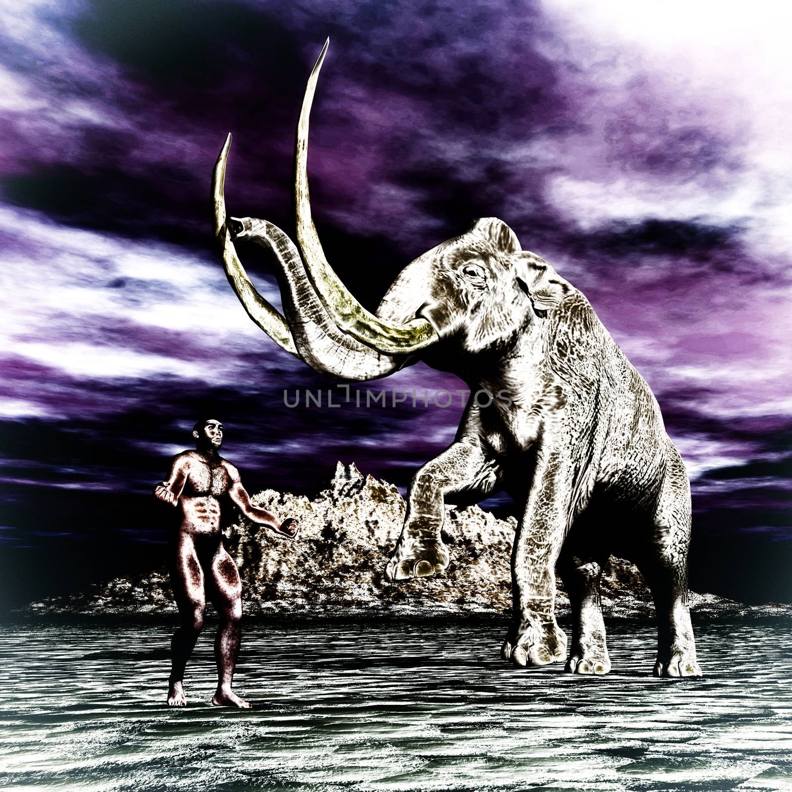 Mammoth with prehistoric man